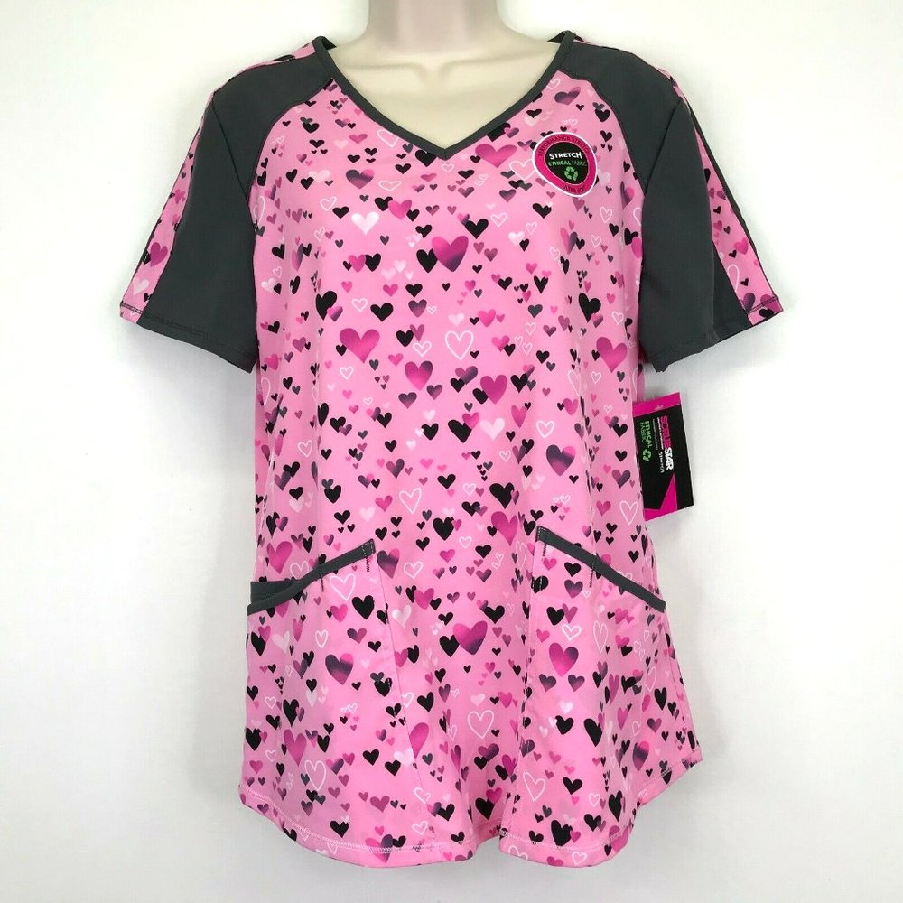 ScrubStar Valentine Scrub Top Pink Gray Hearts V-Neck Stretch‎ Size S